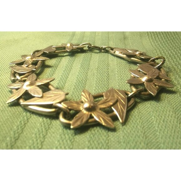 Vintage 1970s Sterling Silver Flower Leaf Bracelet 7” 15g Nature Motif Medium - Picture 3 of 8
